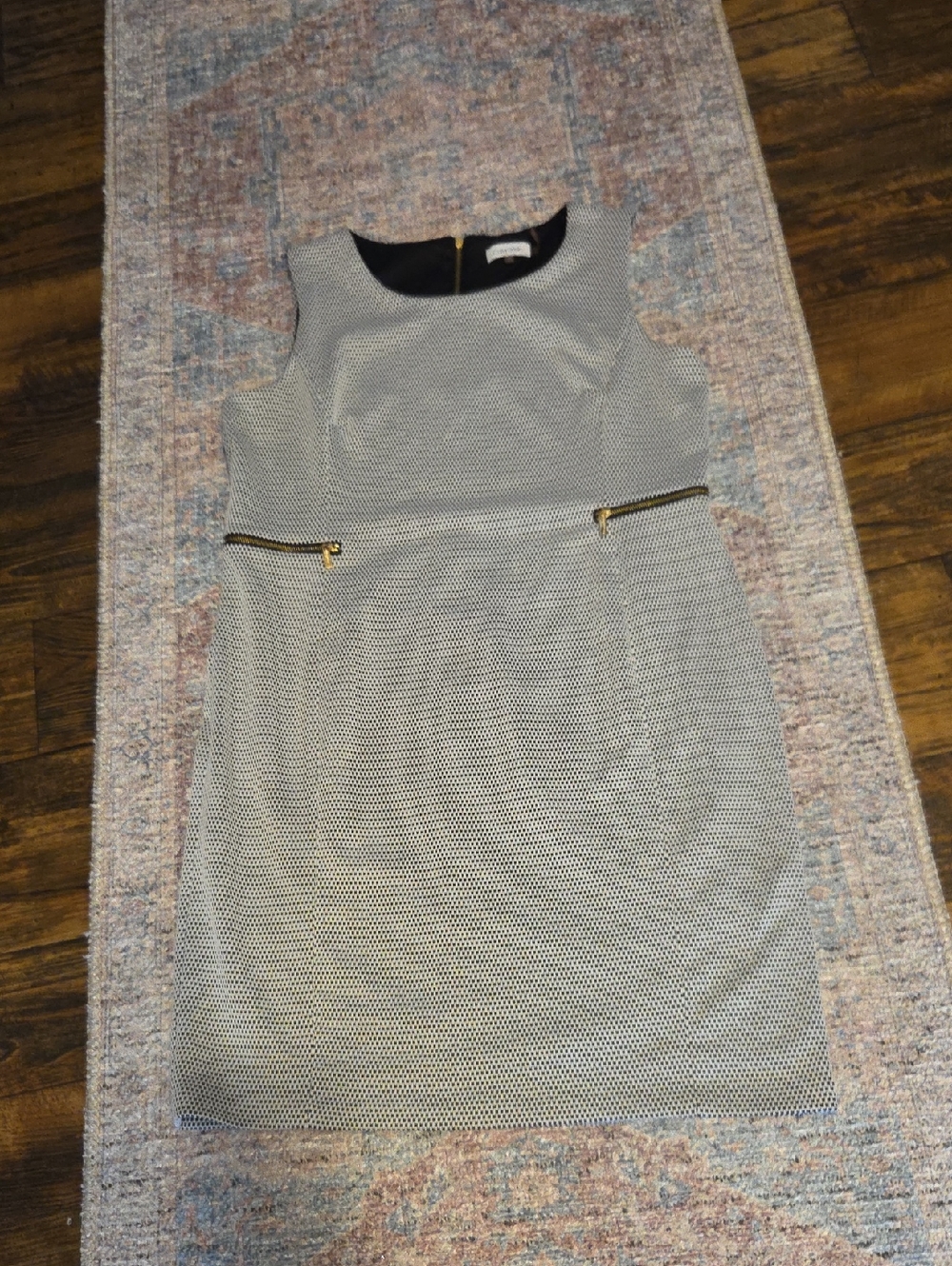 Calvin Klein Black and White Sleeveless Sheath Dress with Gold Zipper Detail